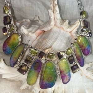Exotic Rainbow Solar Druzy + Citrine + Bi-color Tourmaline statement necklace